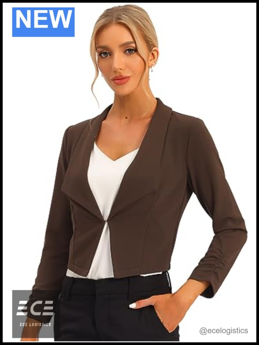 Cropped Blazer Ruched Sleeve Lapel Business Casual Open Front